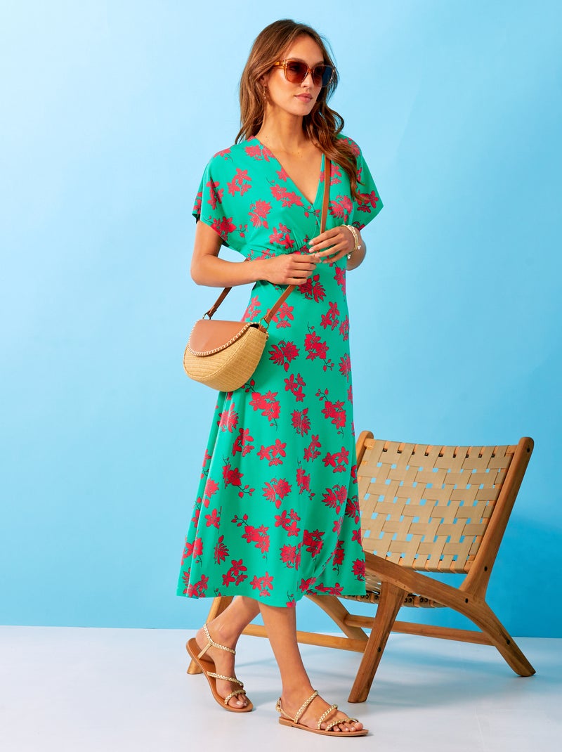 Robe midi à col V avec motifs Vert - Kiabi