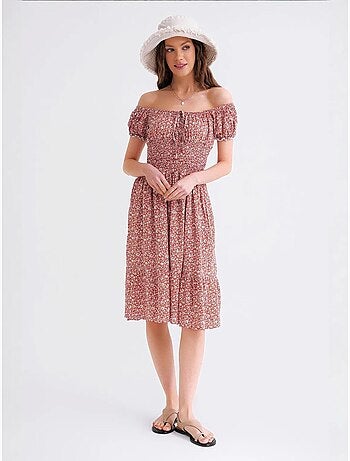 Robe midi à épaules dénudées, imprimé floral, taille smockée et manches bouffantes mixray