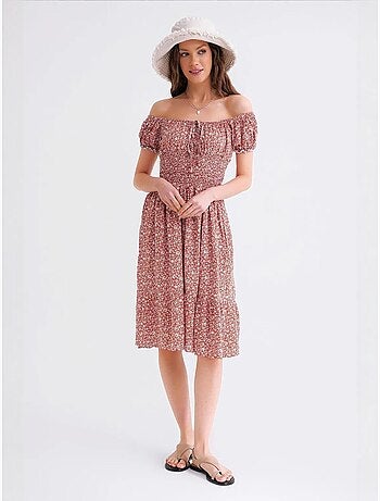 Robe midi à épaules dénudées, imprimé floral, taille smockée et manches bouffantes mixray