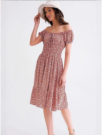 Robe midi à épaules dénudées, imprimé floral, taille smockée et manches bouffantes mixray