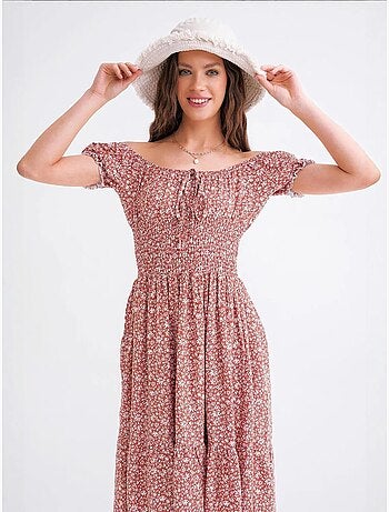 Robe midi à épaules dénudées, imprimé floral, taille smockée et manches bouffantes mixray