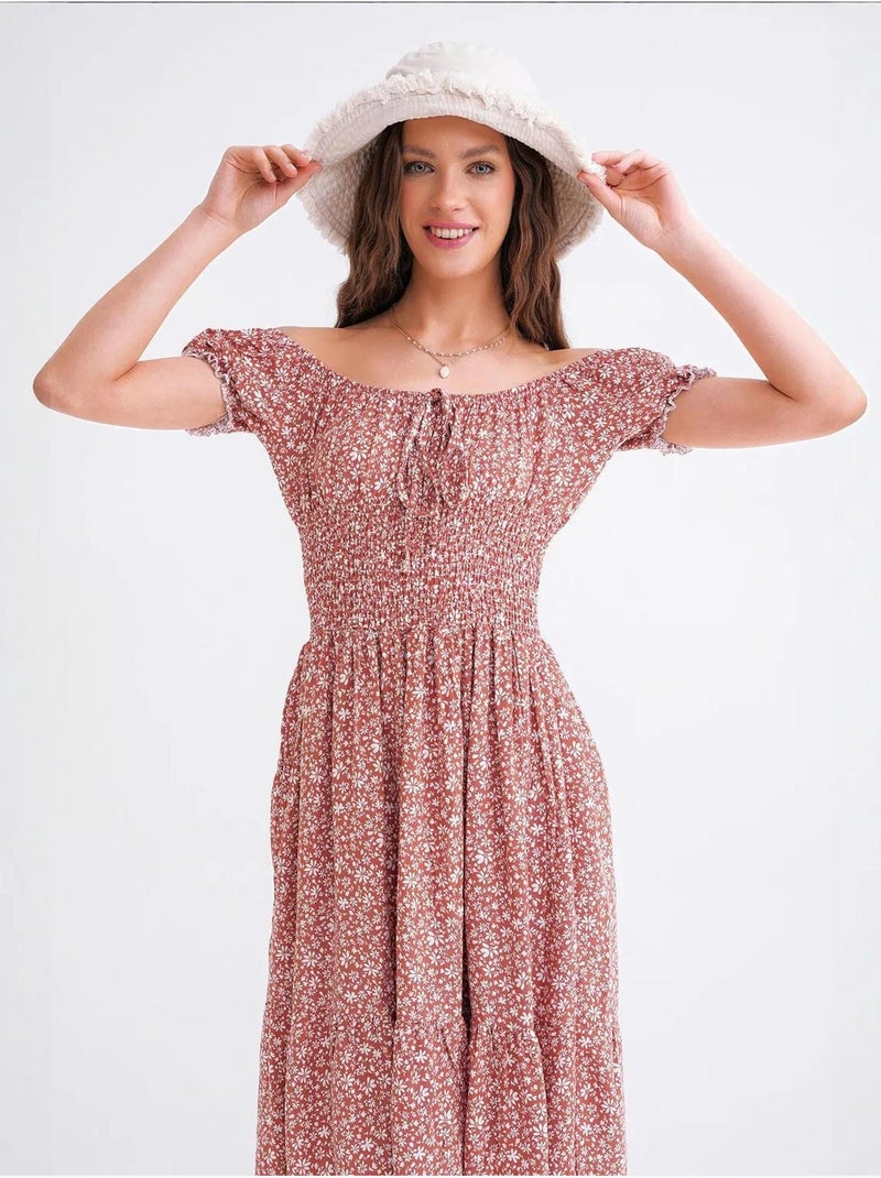 Robe midi à épaules dénudées, imprimé floral, taille smockée et manches bouffantes mixray Terracotta - Kiabi