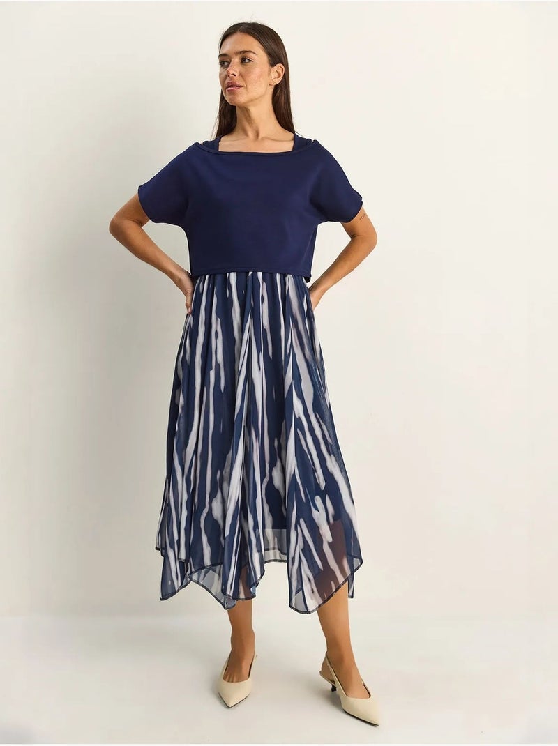 Robe midi à imprimé abstrait et col bateau lucci Bleu marine - Kiabi
