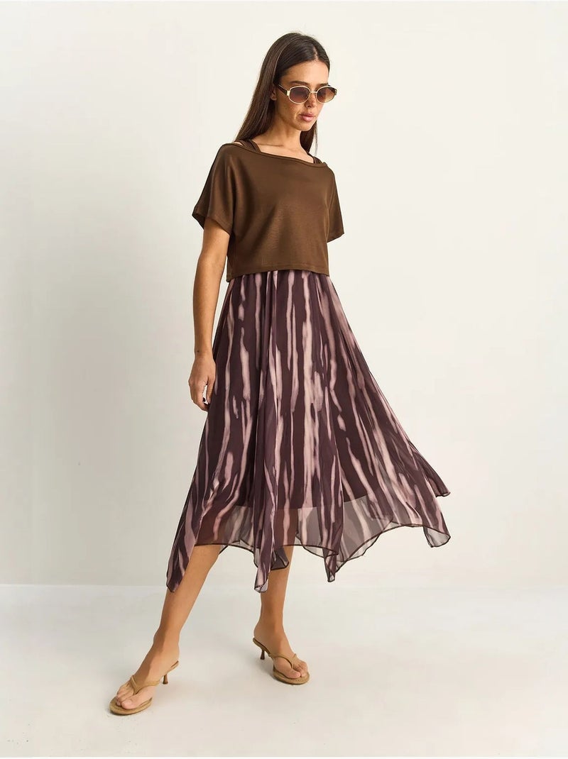 Robe midi à imprimé abstrait et col bateau lucci Marron chocolat - Kiabi