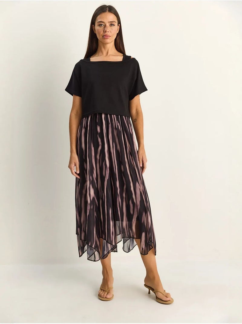 Robe midi à imprimé abstrait et col bateau lucci Noir - Kiabi
