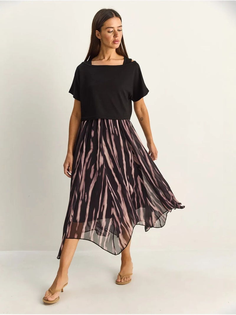 Robe midi à imprimé abstrait et col bateau lucci Noir - Kiabi