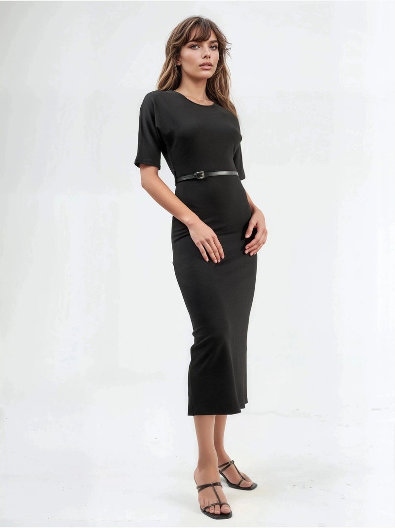 Robe midi à manches courtes et ceinture busem Noir - Kiabi