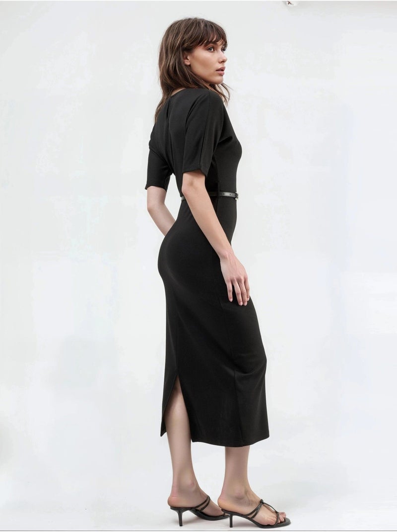 Robe midi à manches courtes et ceinture busem Noir - Kiabi