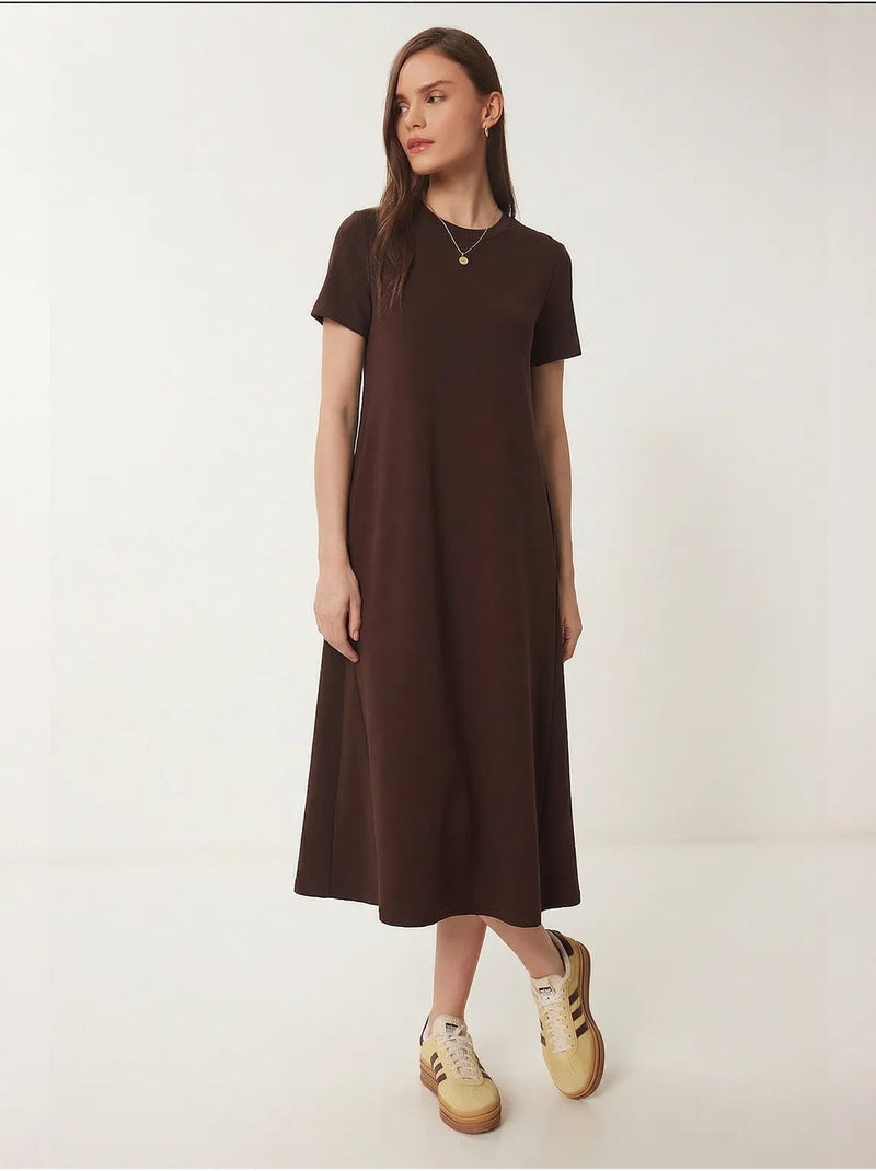 Robe midi à manches courtes et col rond istanbul Marron foncé - Kiabi