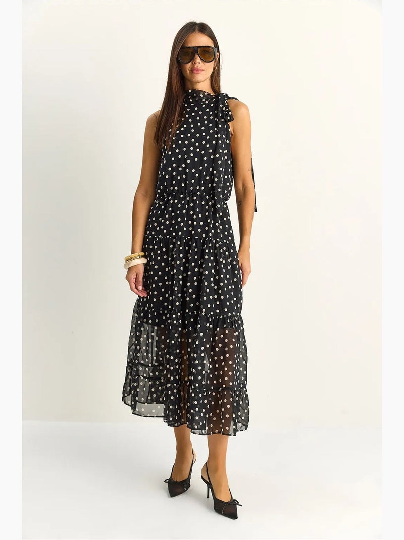 Robe midi à pois avec col halter lucci Noir - Kiabi