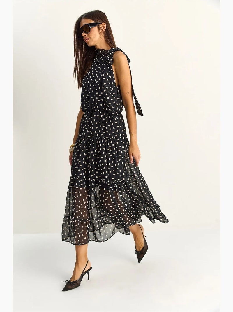 Robe midi à pois avec col halter lucci Noir - Kiabi