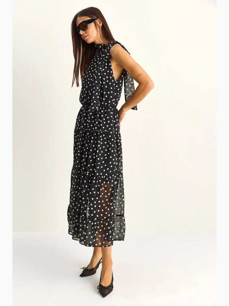 Robe midi à pois avec col halter lucci Noir - Kiabi