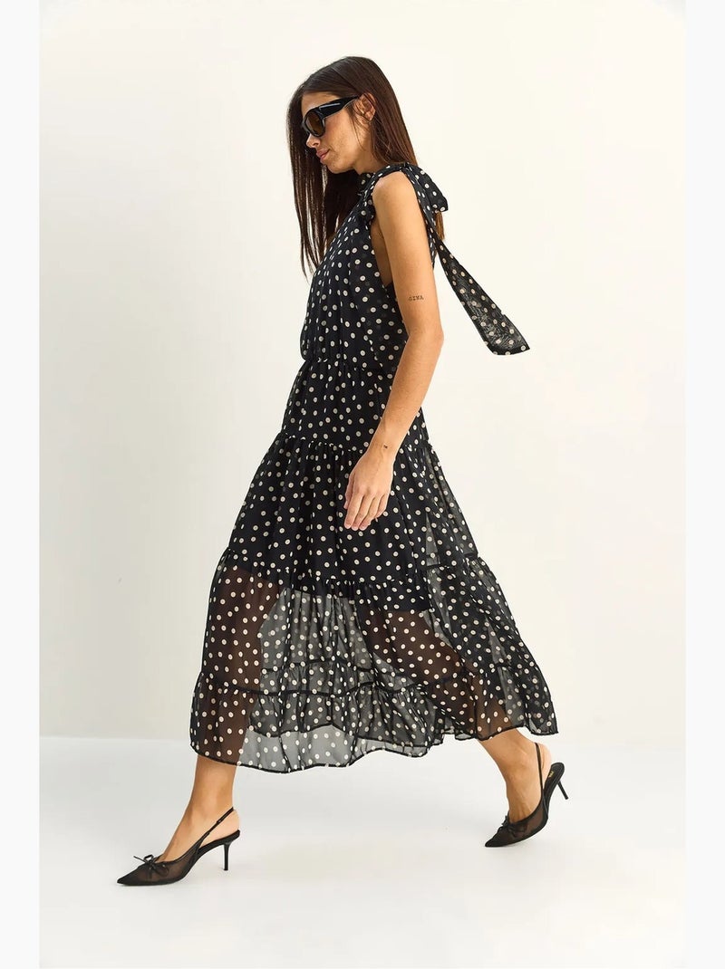 Robe midi à pois avec col halter lucci Noir - Kiabi