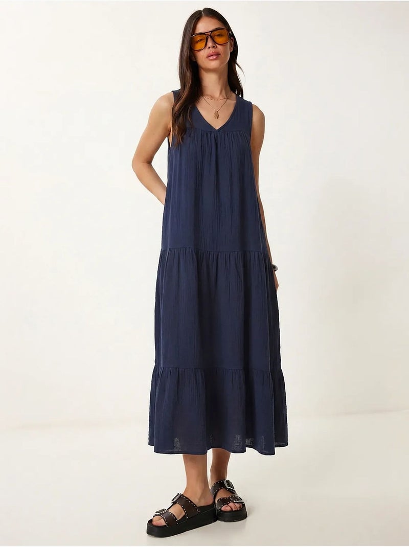 Robe midi à volants et col en v istanbul Bleu marine - Kiabi