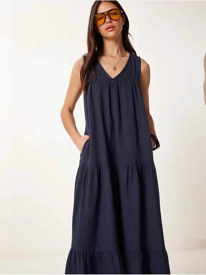 Robe midi à volants et col en v istanbul Bleu marine - Kiabi