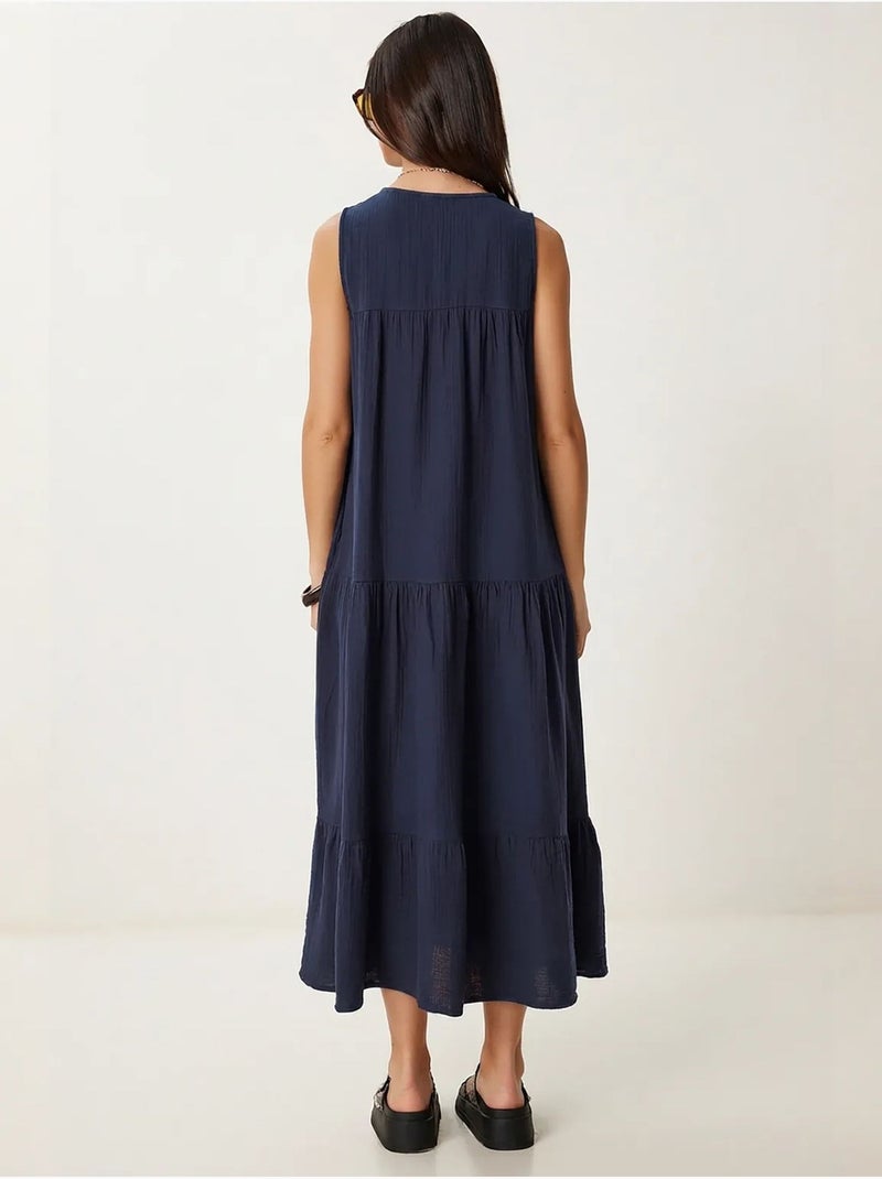 Robe midi à volants et col en v istanbul Bleu marine - Kiabi