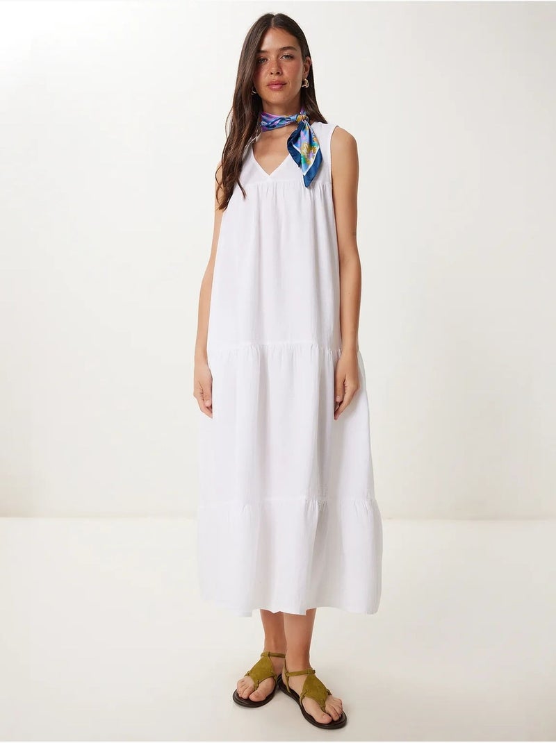 Robe midi à volants et col en v istanbul Ivoire - Kiabi