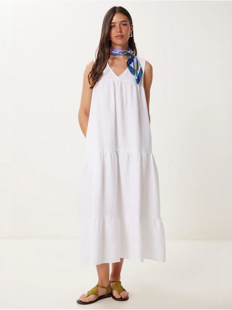Robe midi à volants et col en v istanbul Ivoire - Kiabi