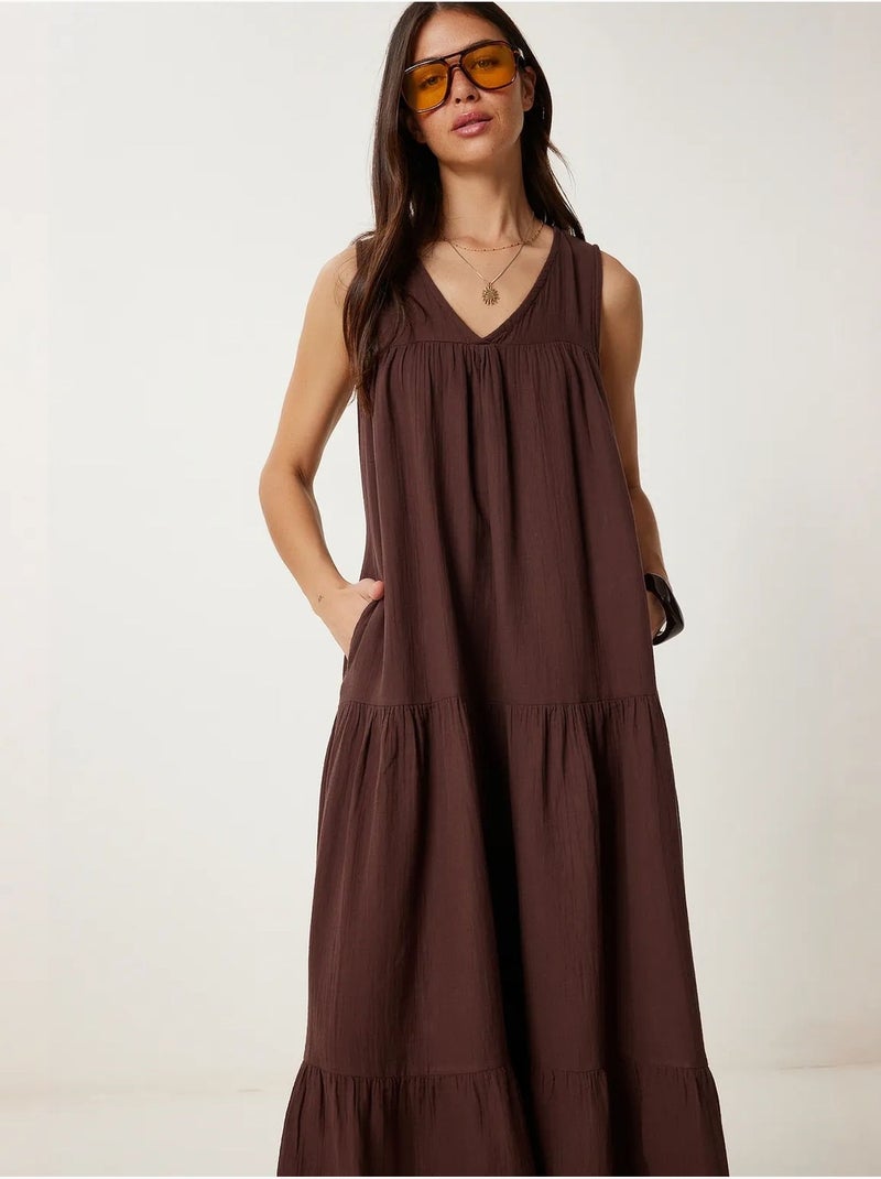 Robe midi à volants et col en v istanbul Marron chocolat - Kiabi