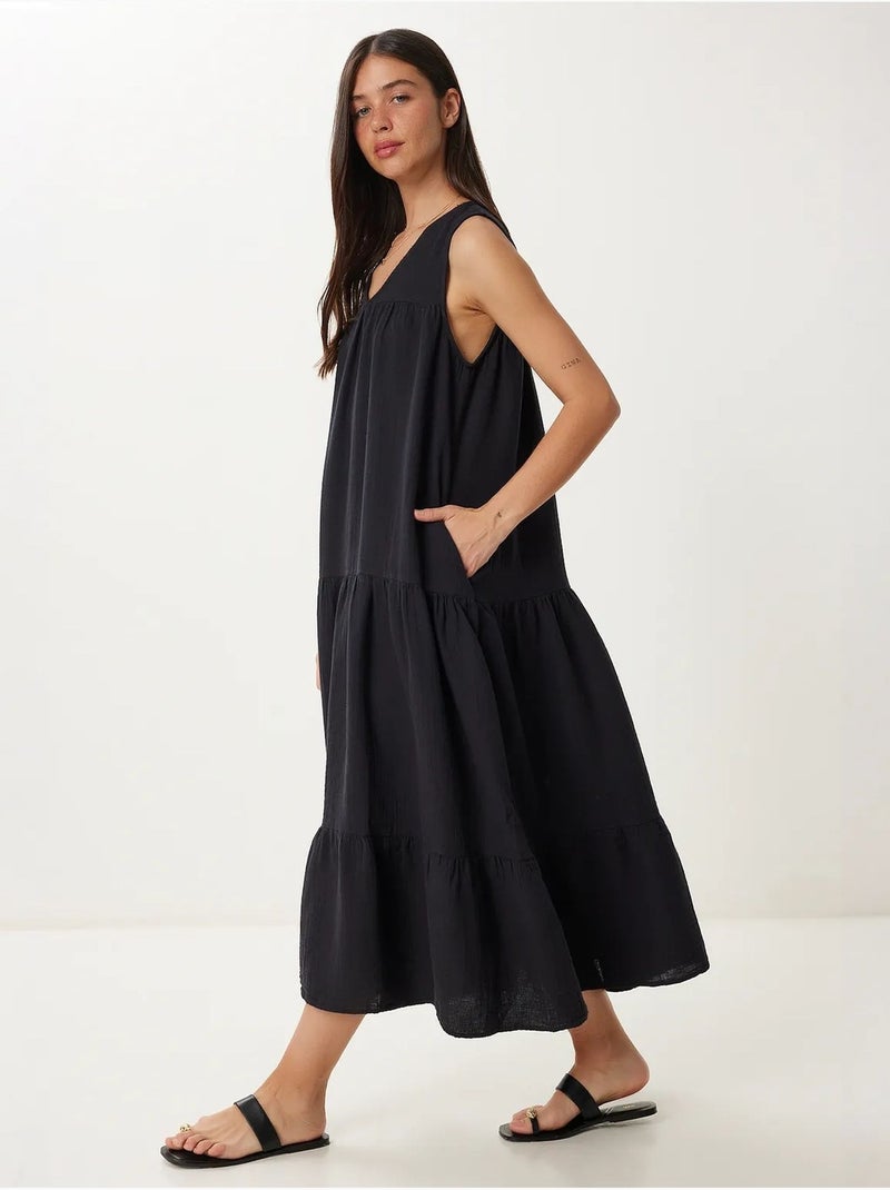 Robe midi à volants et col en v istanbul Noir - Kiabi