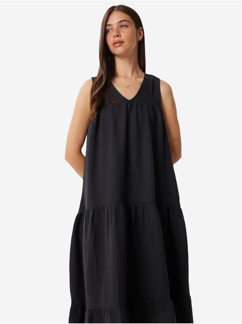 Robe midi à volants et col en v istanbul Noir - Kiabi