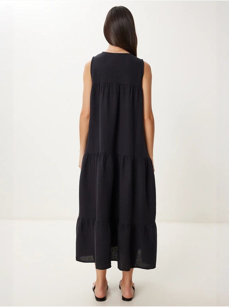 Robe midi à volants et col en v istanbul Noir - Kiabi