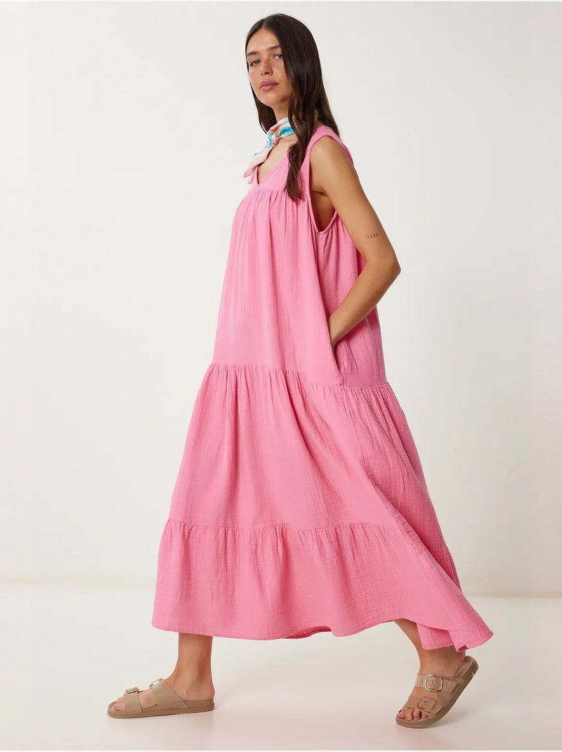 Robe midi à volants et col en v istanbul Rose clair - Kiabi