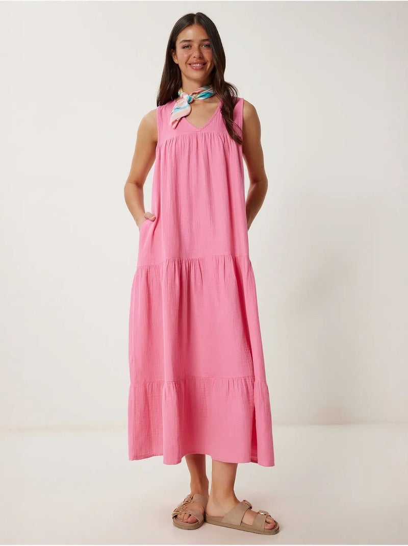 Robe midi à volants et col en v istanbul Rose clair - Kiabi