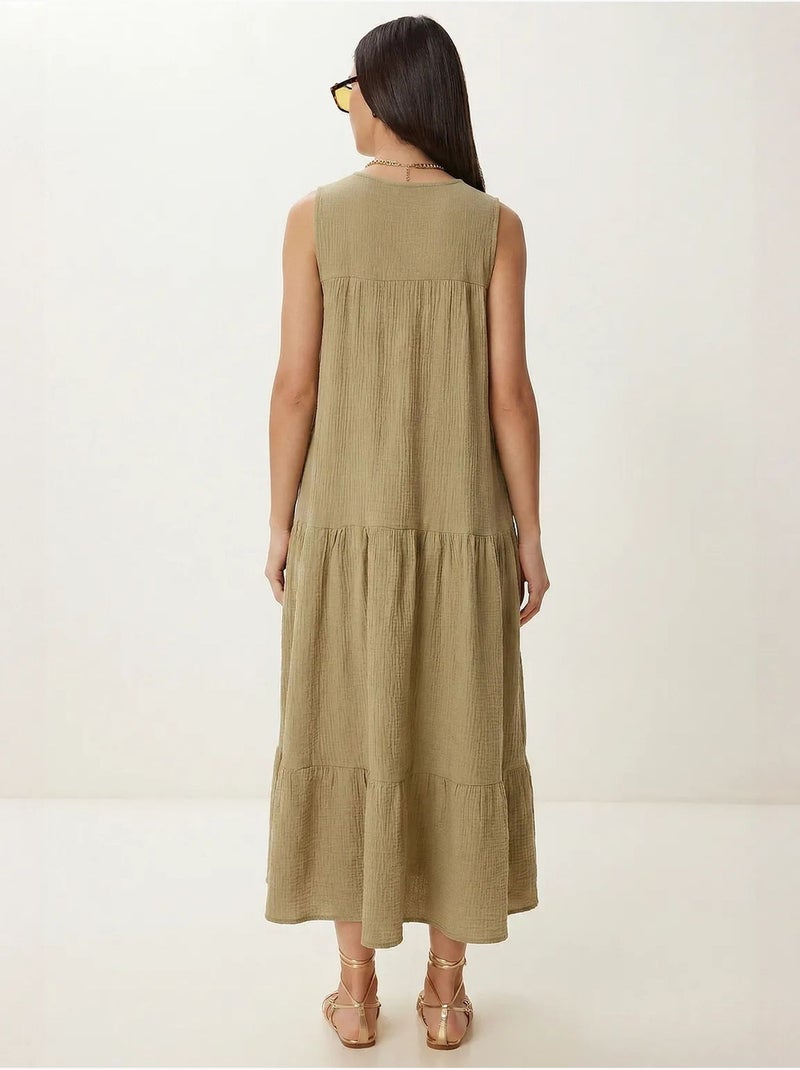 Robe midi à volants et col en v istanbul Vert kaki - Kiabi