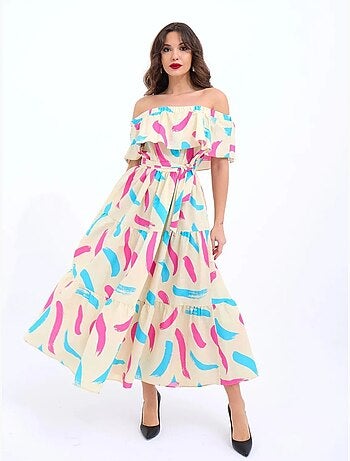 Robe midi à volants et épaules dénudées janes