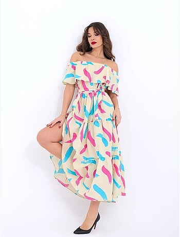 Robe midi à volants et épaules dénudées janes