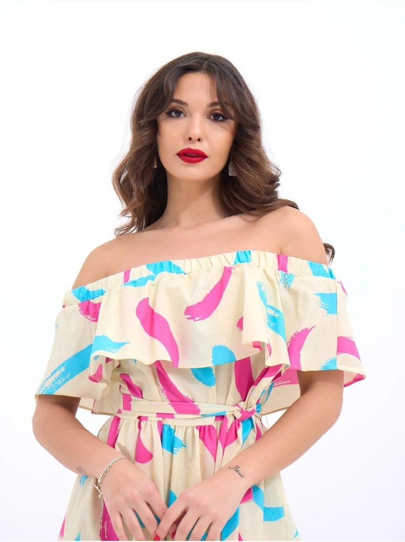 Robe midi à volants et épaules dénudées janes Beige argile - Kiabi