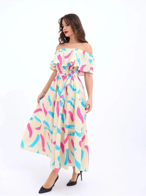 Robe midi à volants et épaules dénudées janes - Kiabi Robe midi à volants et épaules dénudées janes - Kiabi