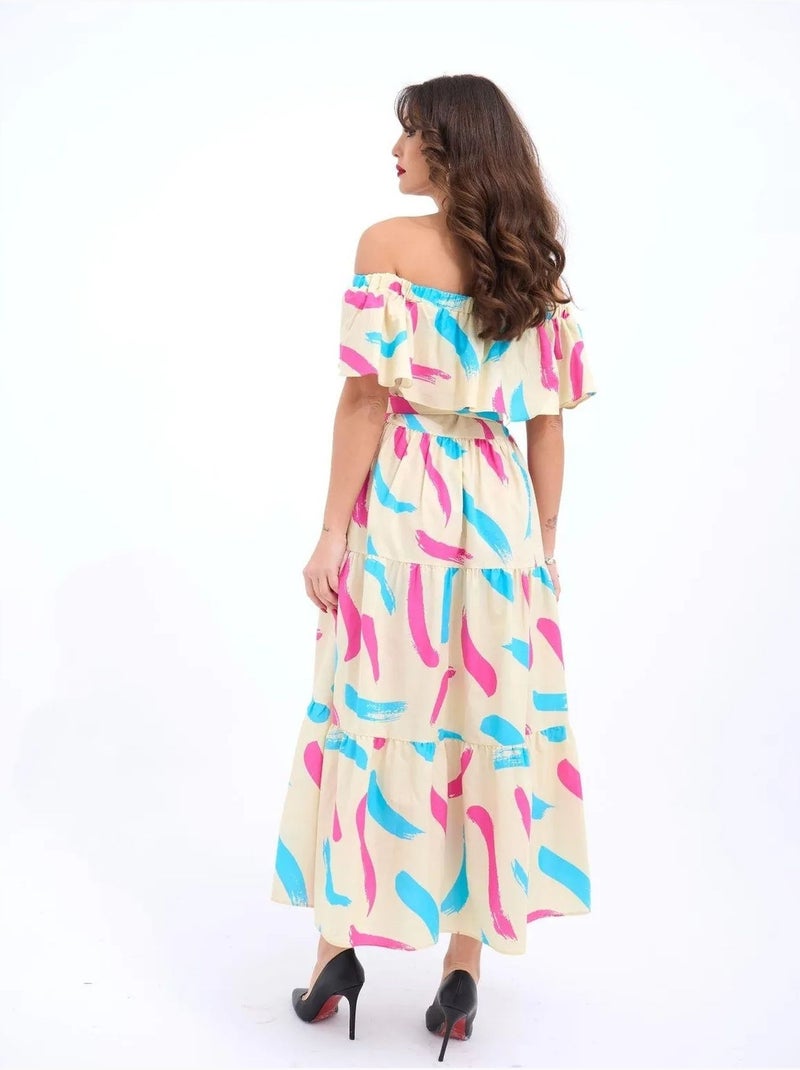 Robe midi à volants et épaules dénudées janes Beige argile - Kiabi