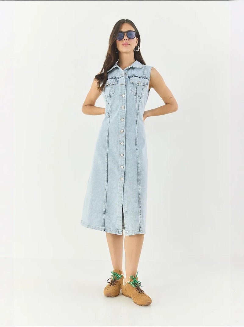 Robe midi ajustée en jean avec fermeture à boutons lucci Bleu clair - Kiabi