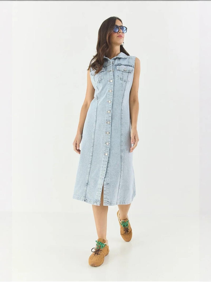 Robe midi ajustée en jean avec fermeture à boutons lucci Bleu clair - Kiabi