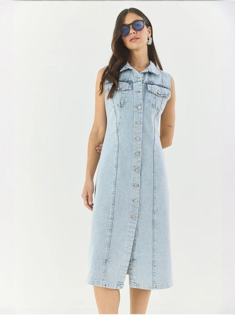 Robe midi ajustée en jean avec fermeture à boutons lucci Bleu clair - Kiabi
