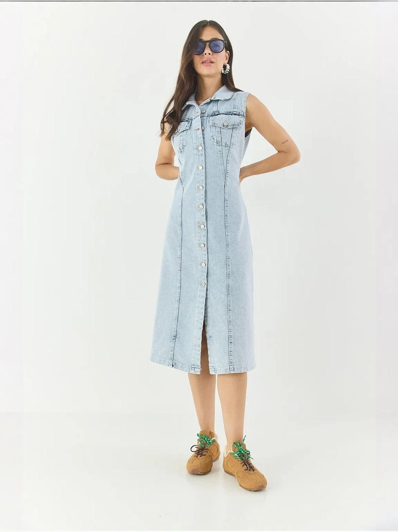 Robe midi ajustée en jean avec fermeture à boutons lucci Bleu clair - Kiabi