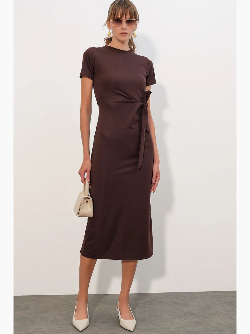 Robe midi ajustée en jersey avec détail à nouer bdart Marron chocolat - Kiabi