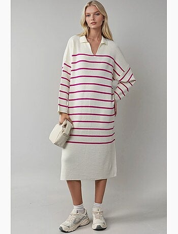 Robe midi ample en maille rayée à col v et fente, my fashion