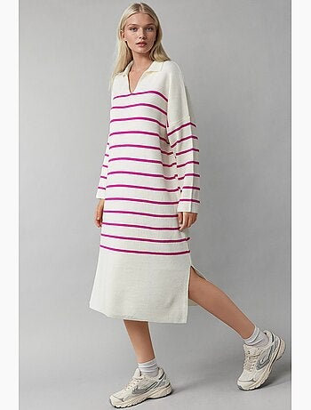 Robe midi ample en maille rayée à col v et fente, my fashion