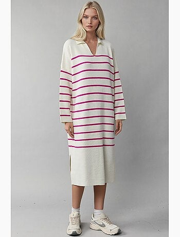 Robe midi ample en maille rayée à col v et fente, my fashion