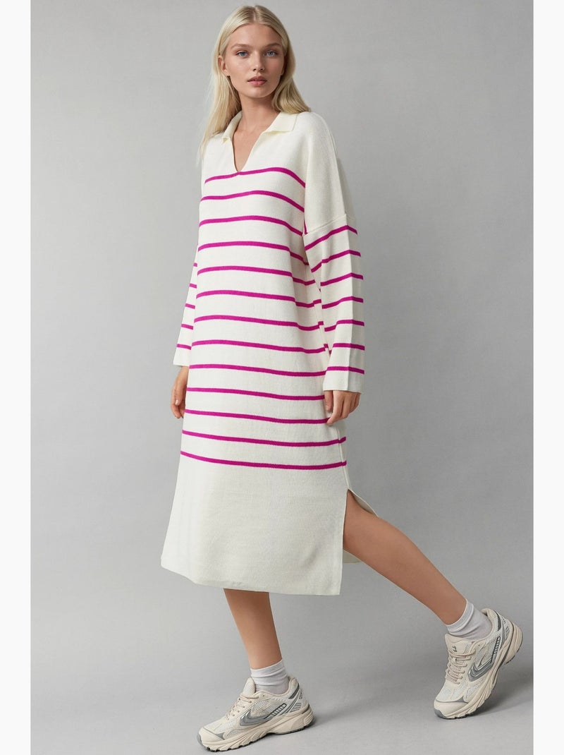 Robe midi ample en maille rayée à col v et fente, my fashion Magenta - Kiabi