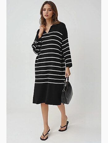 Robe midi ample en maille rayée à col v et fente, my fashion
