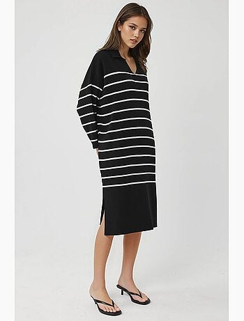 Robe midi ample en maille rayée à col v et fente, my fashion