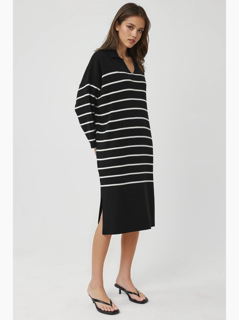Robe midi ample en maille rayée à col v et fente, my fashion Noir - Kiabi