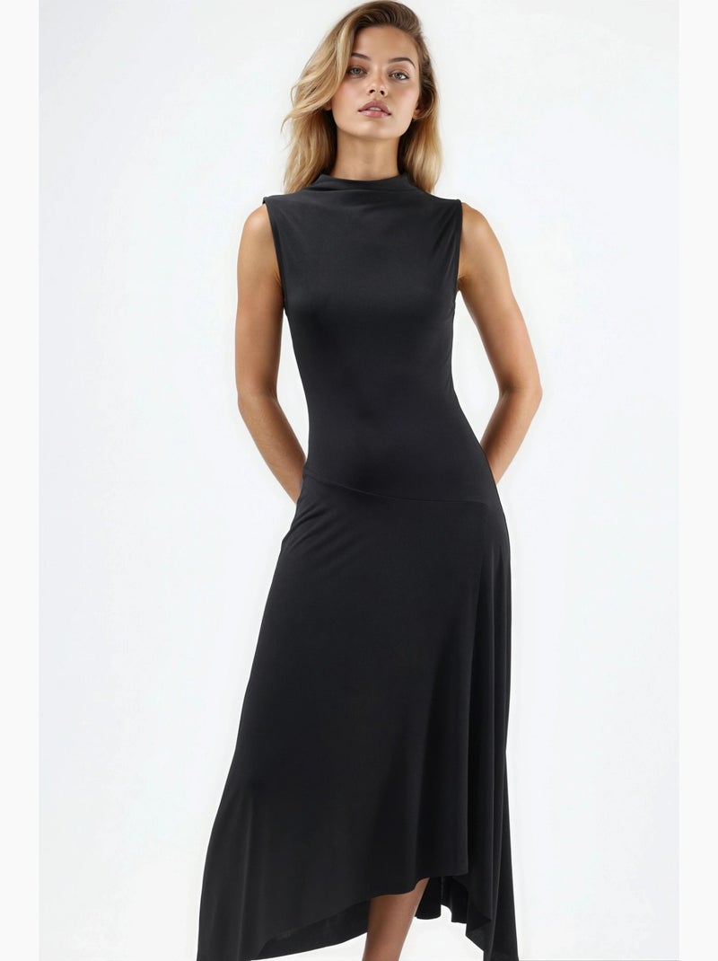Robe midi asymétrique en maille à col rond hiccup Noir - Kiabi