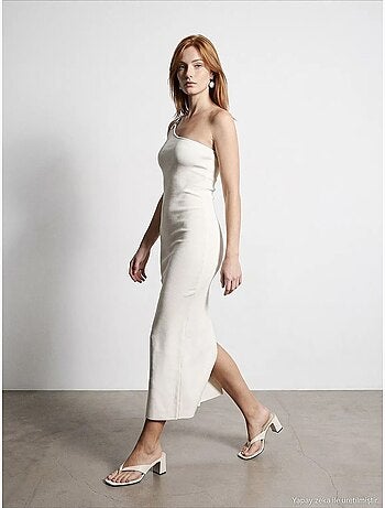 Robe midi asymétrique en maille côtelée, une épaule dilvin