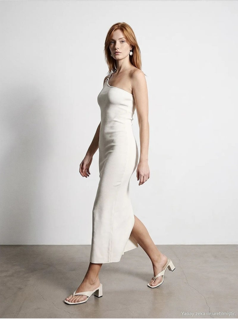 Robe midi asymétrique en maille côtelée, une épaule dilvin Blanc cassé - Kiabi