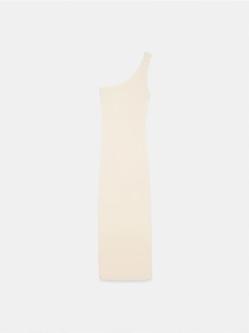 Robe midi asymétrique en maille côtelée, une épaule dilvin Blanc cassé - Kiabi